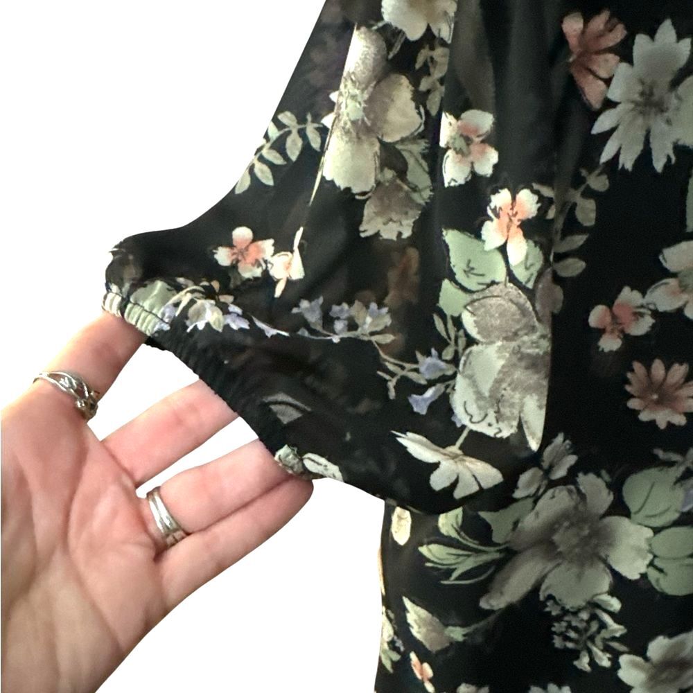 Pleione Black Floral Blouse Ruffle Neck Tie Front Sheer Sleeve Boho Size L - Picture 7 of 12